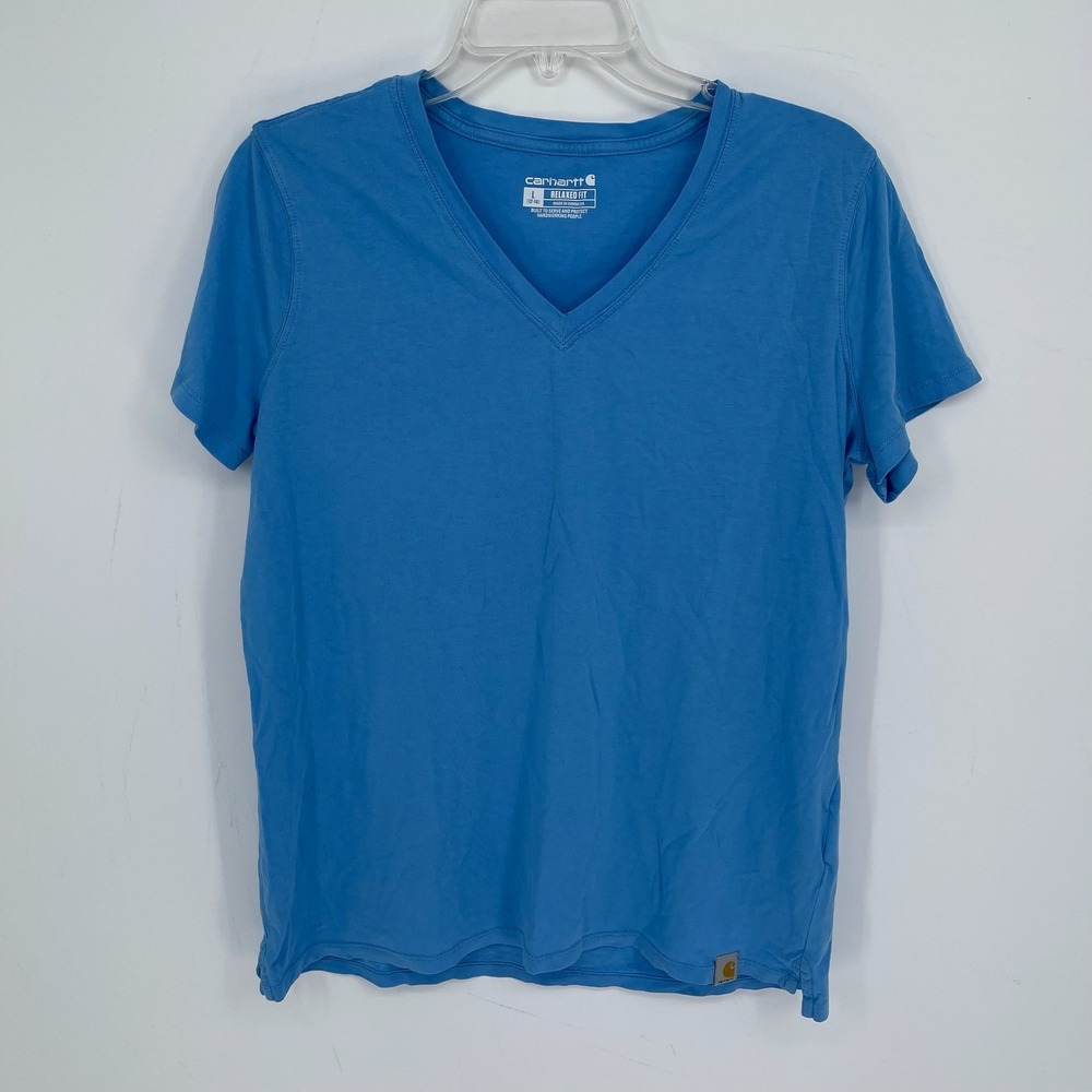 Carhartt Women's Blue Relaxed Fit Tencel Blend V-Neck Short Sleeve Tee Size L